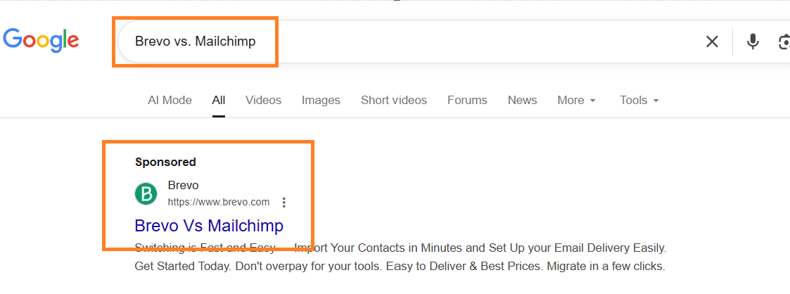 brevo vs mailchimp in google search