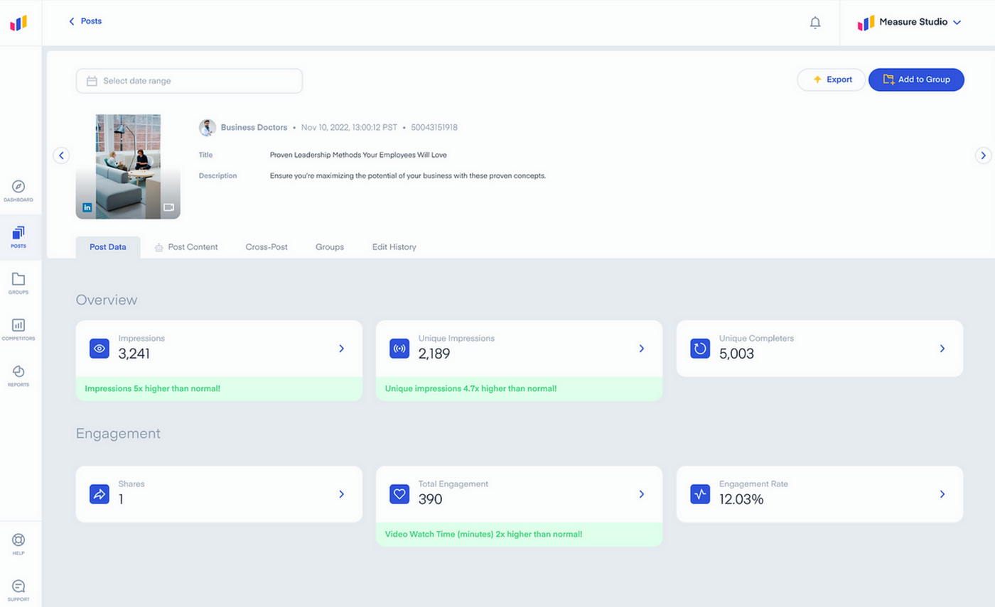 A Measure Studio social media dashboard