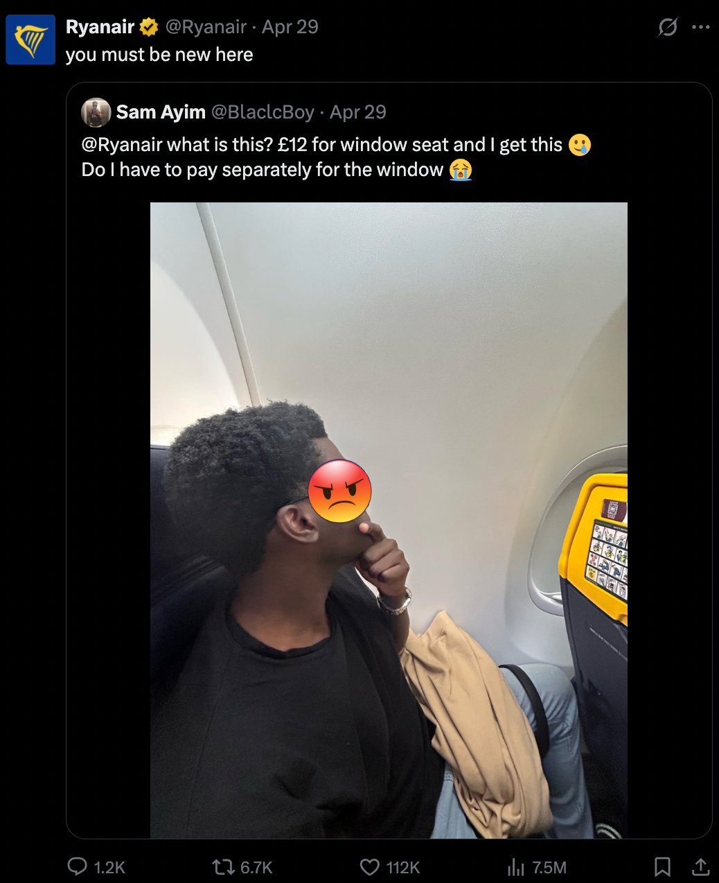 Person on plane, looking sideways with angry emoji covering face. Seated by a wall instead of window. Text: Ryanair tweet above, passenger's complaint.