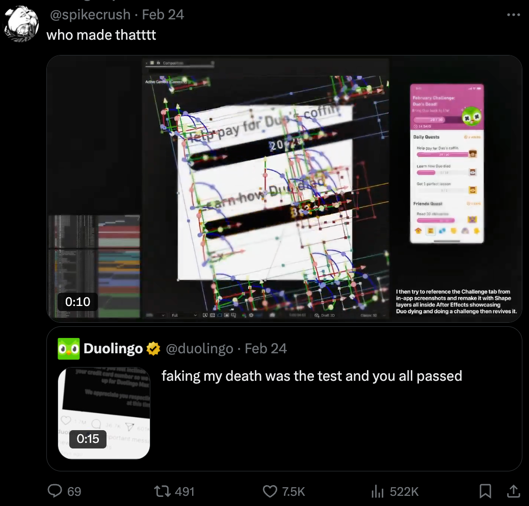 Glitchy text animation with "Duolingo" challenge theme, showing After Effects layers. Text: "faking my death was the test and you all passed."