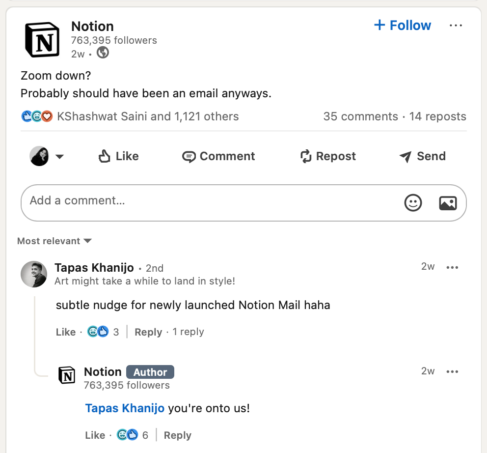 Notion's LinkedIn post reads, "Zoom down? Probably should have been an email anyways." It features user comments and interactions.
