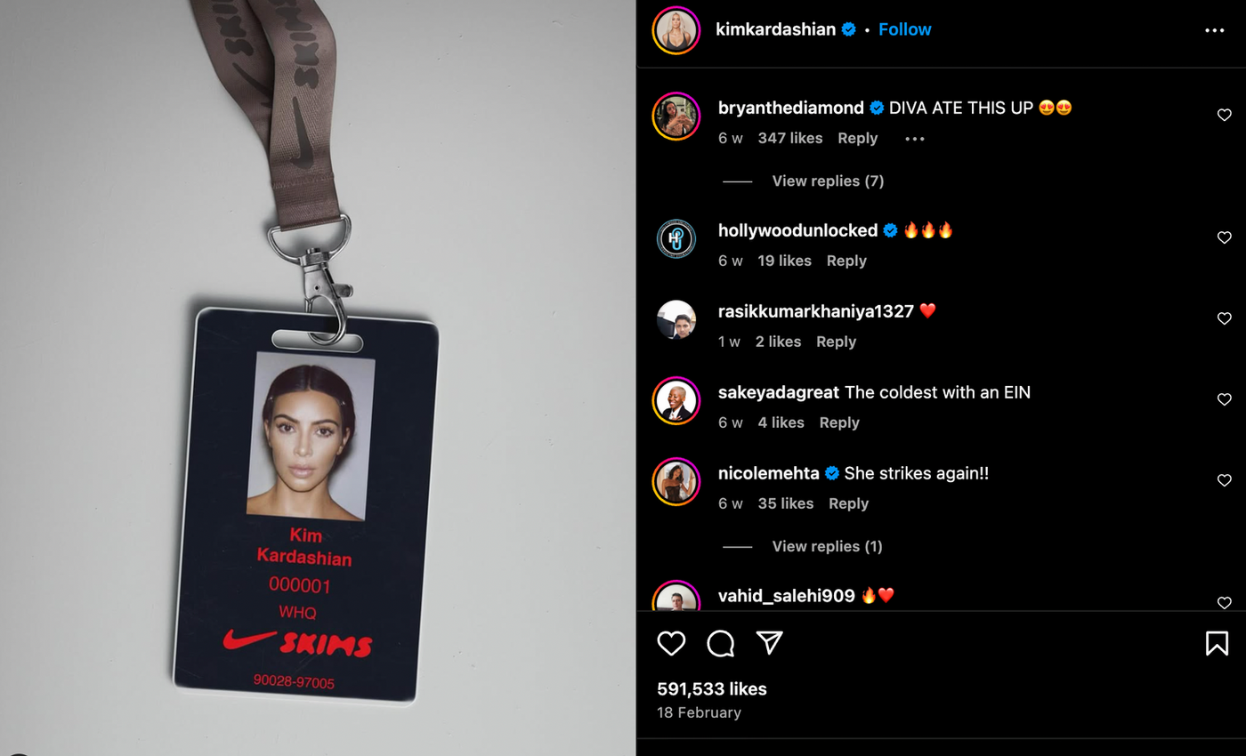 Kim Kardashian ID badge with a photo, name, and "Skims" logo on a beige lanyard. Instagram interface with comments and likes beside it.