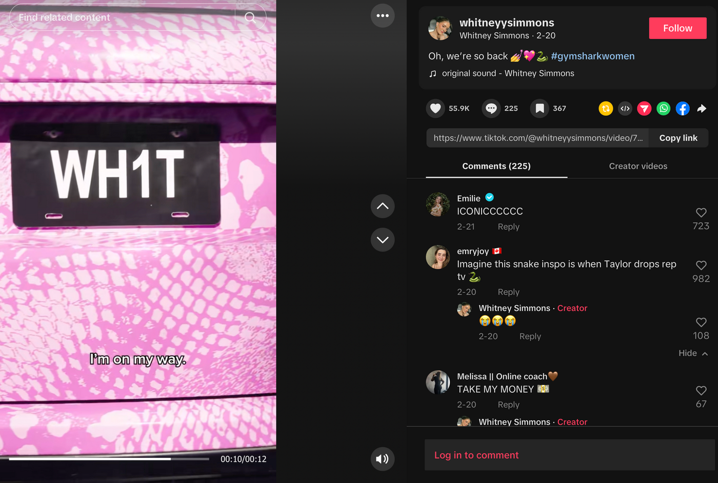 Purple snake-patterned car with "WH1T" plate, text "I'm on my way." seen. Emojis and comments reference Taylor and iconic moment.