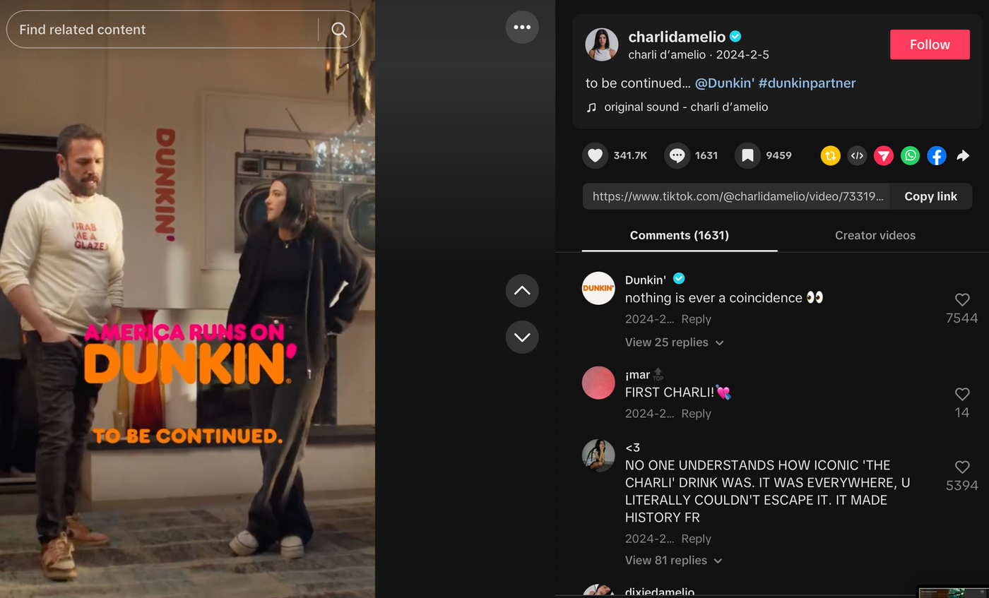 Two people stand in a room with Dunkin' branding. Text reads "America Runs on Dunkin'. To be continued." Washer in the background.