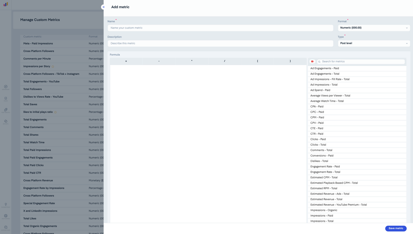 Dashboard UI for adding custom metrics shows lists of existing metrics and options to name, format, and describe new metrics.