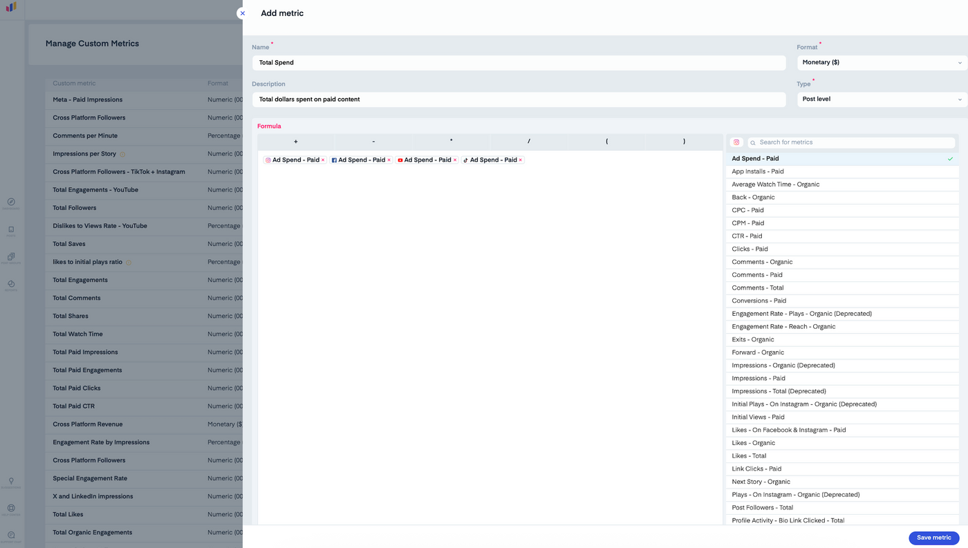 UI screen for adding a custom metric labeled "Total Spend," with dropdowns and text fields. Metrics list on the side.