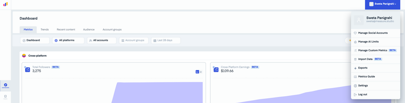 Dashboard screen with metrics: Total Followers 3,275, Cross Platform Earnings $109.66. User dropdown menu visible. Calm interface.