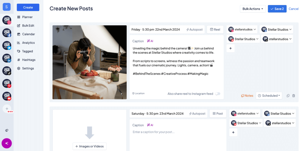 A person photographs food on a table in a studio. The screen shows a social media post in progress with text on creativity and teamwork.