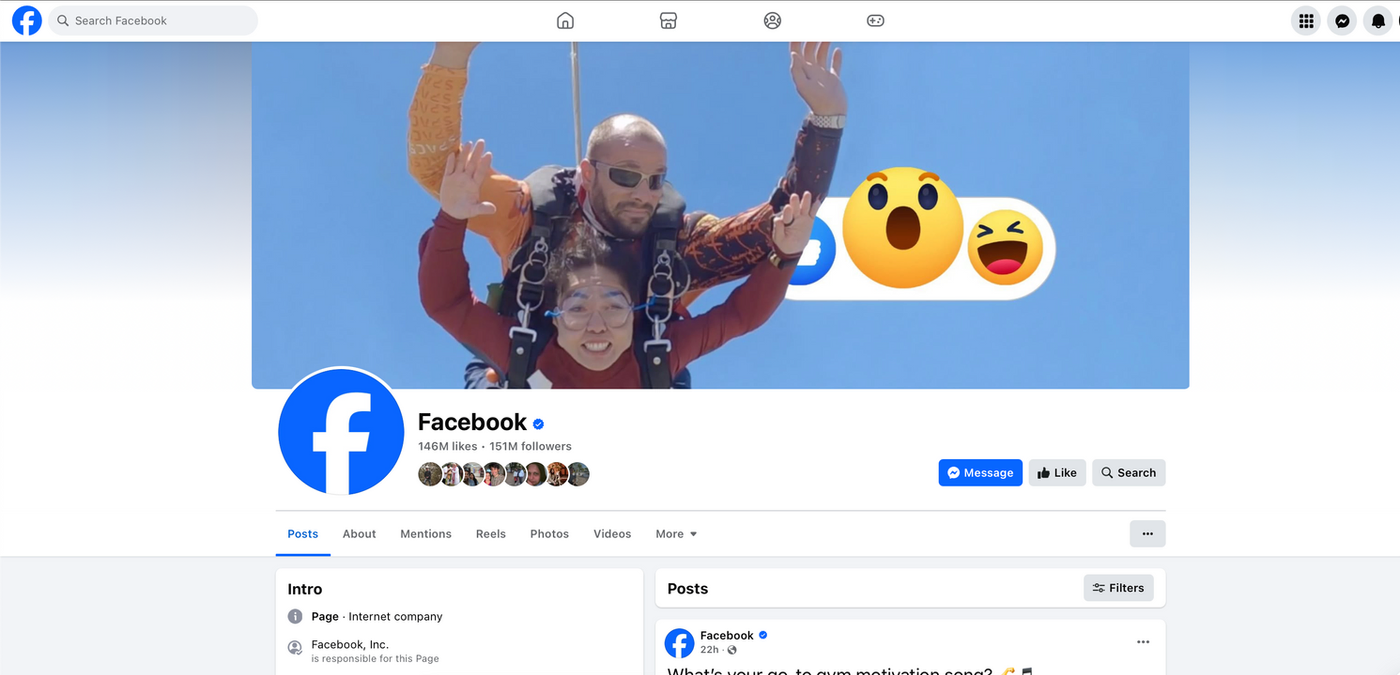 A screenshot of the Facebook company Facebook page