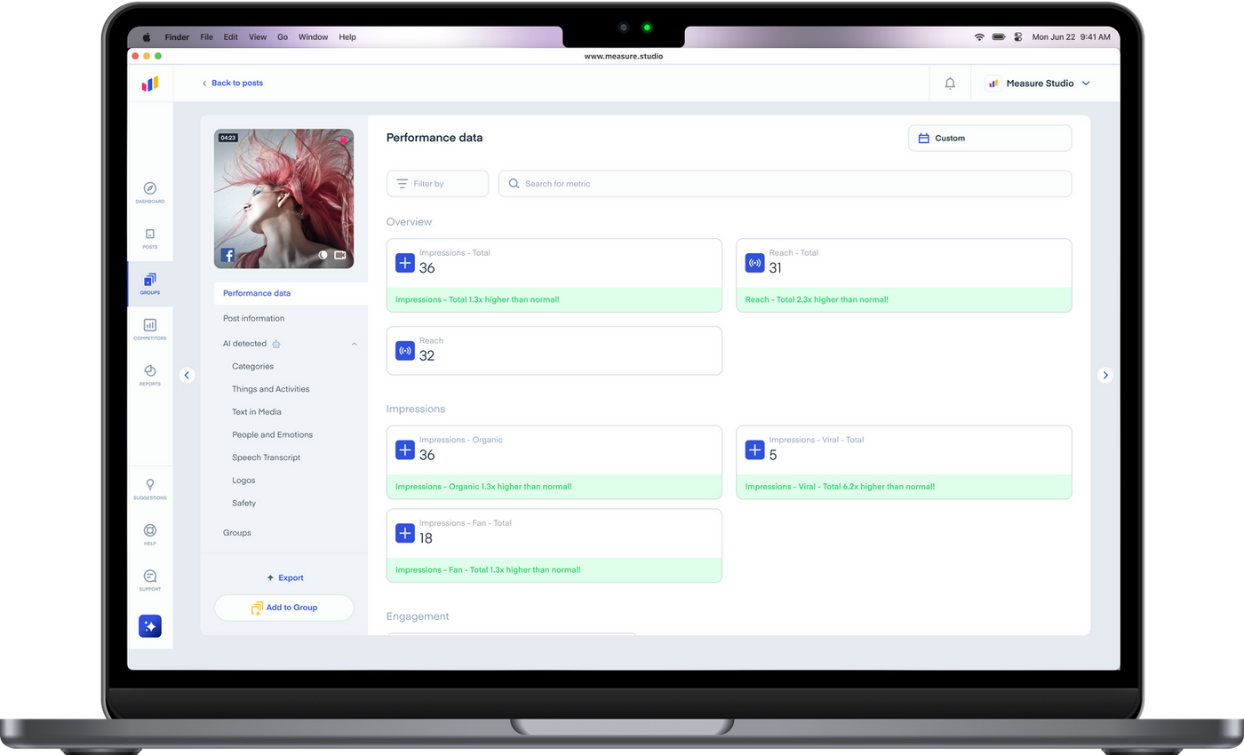 Facebook analytics dashboard on Measure Studio