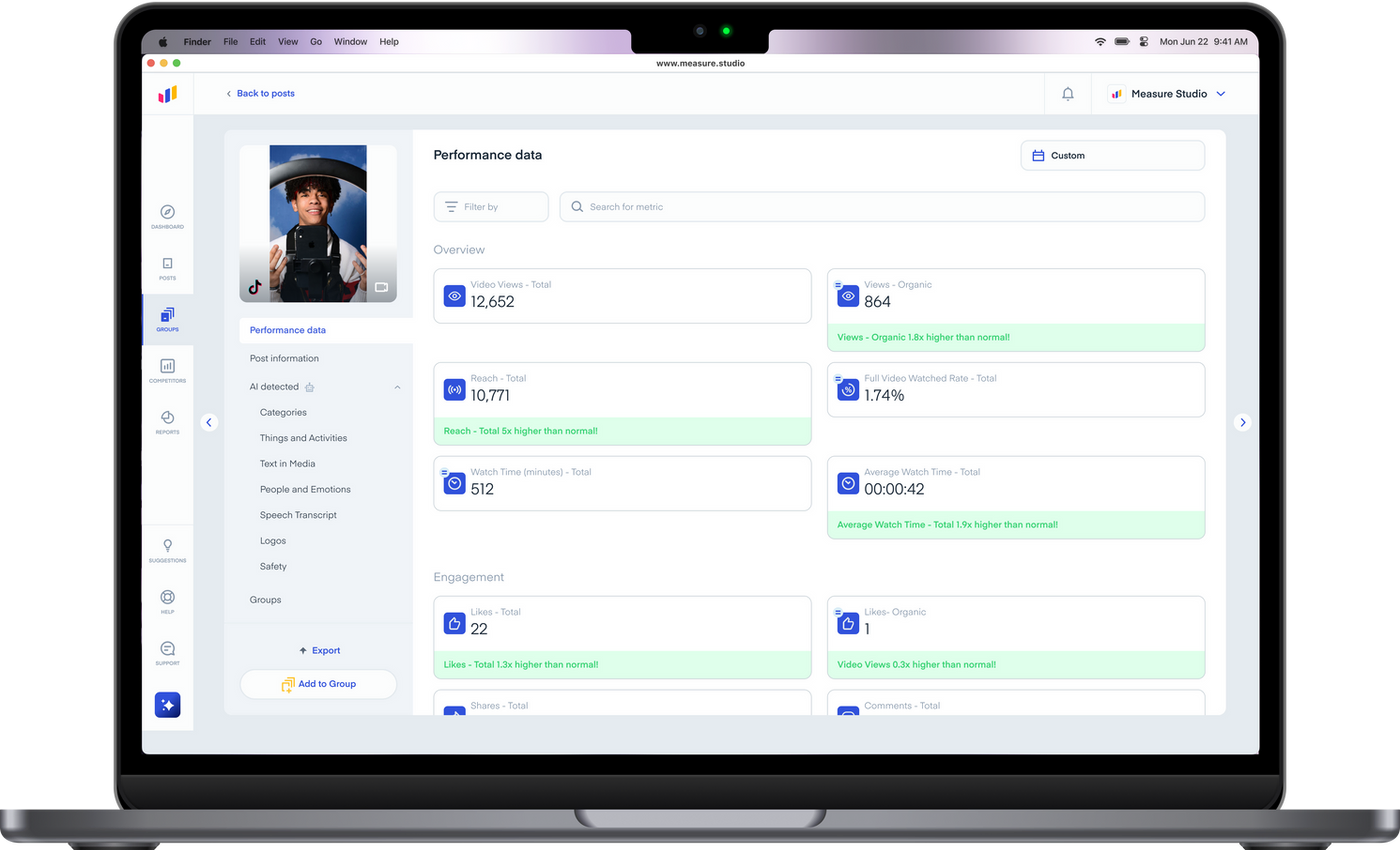 TikTok dashboard showing analytics in Measure Studio
