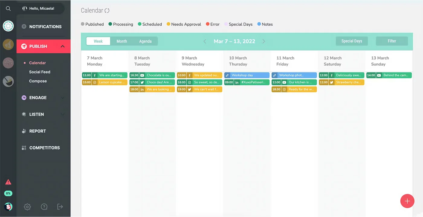 A Kontentino social media calendar showing content to be published on March 7 2022