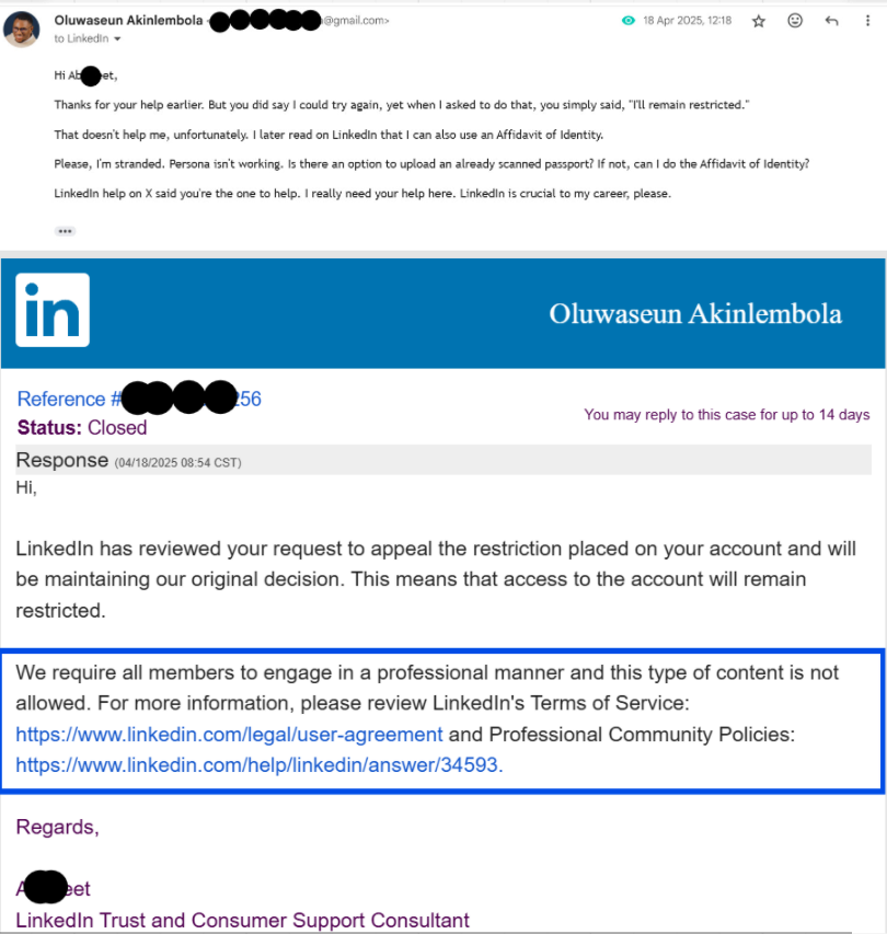 Email from LinkedIn shows an appeal rejection for account restriction. Blue text box highlights policy links. Sent by a LinkedIn support consultant.