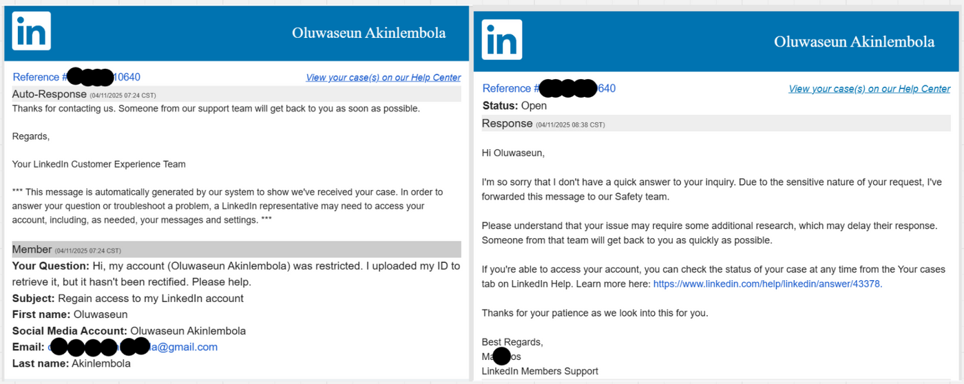 Two LinkedIn emails about account restriction. The first is an auto-response; the second states the issue requires further review. Both show a LinkedIn logo.