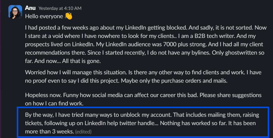 A message from Anu discussing a blocked LinkedIn account and efforts to resolve it. The highlighted section mentions failed unlock attempts.