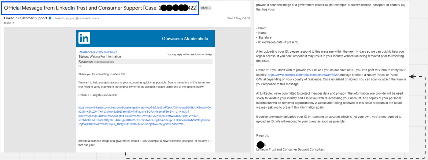 Email from LinkedIn Customer Support with case number and sender info. Instructions for ID verification and regaining account access.