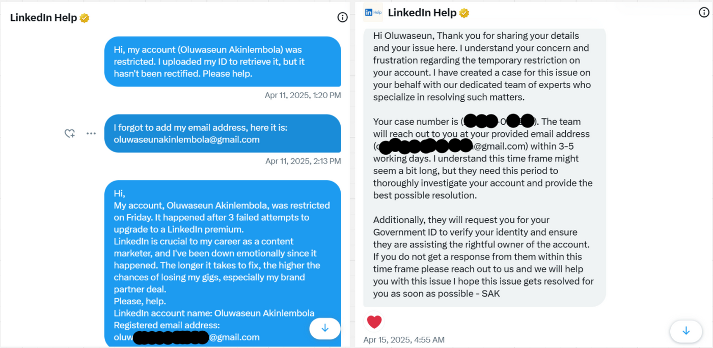 LinkedIn Help chat; user reports account restriction. LinkedIn responds with case number, promises follow-up in 3-5 days. Blue and gray text bubbles.