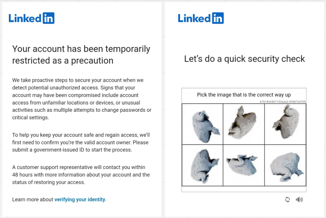 LinkedIn security alert. Text explains account restriction and ID verification. Right side shows a CAPTCHA with images to select the correct orientation.