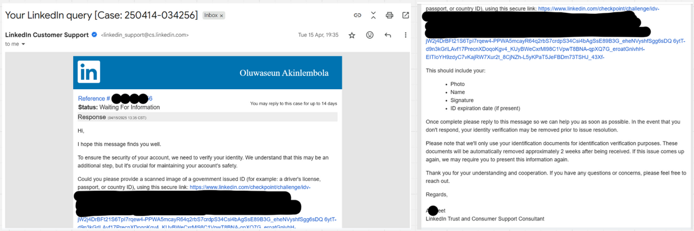 Email from LinkedIn Support requesting ID verification. Blue header with LinkedIn logo. Blacked-out sensitive info. Response details visible.