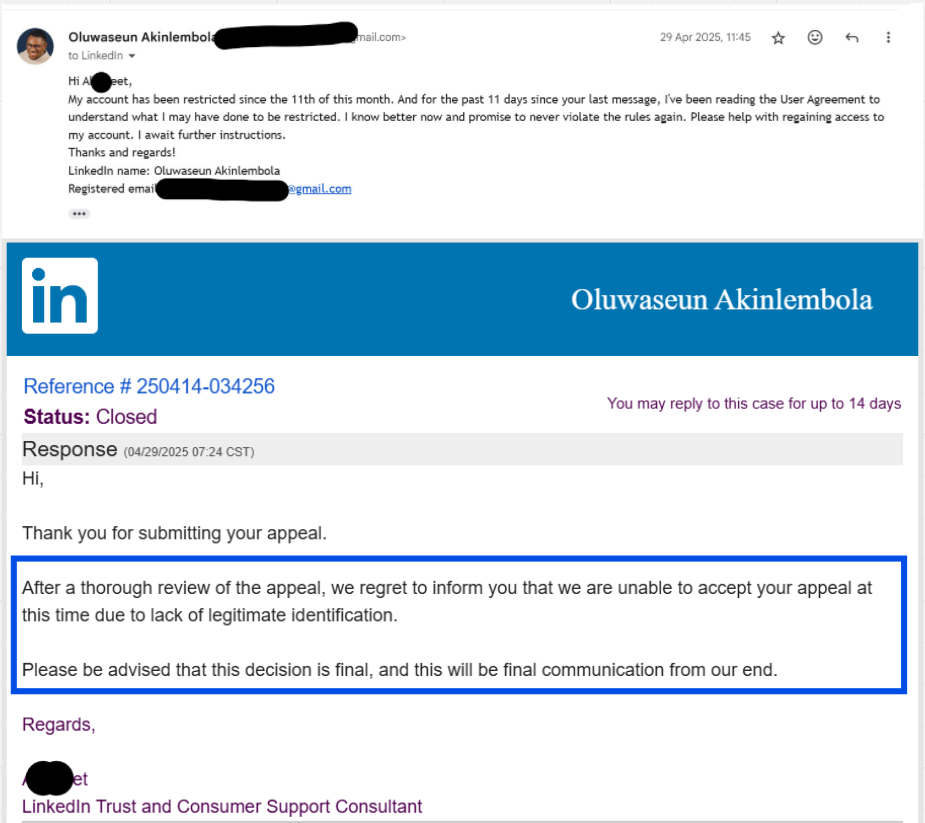 Email showing LinkedIn appeal rejection due to lack of identification. The account status is closed, and further communication is final.