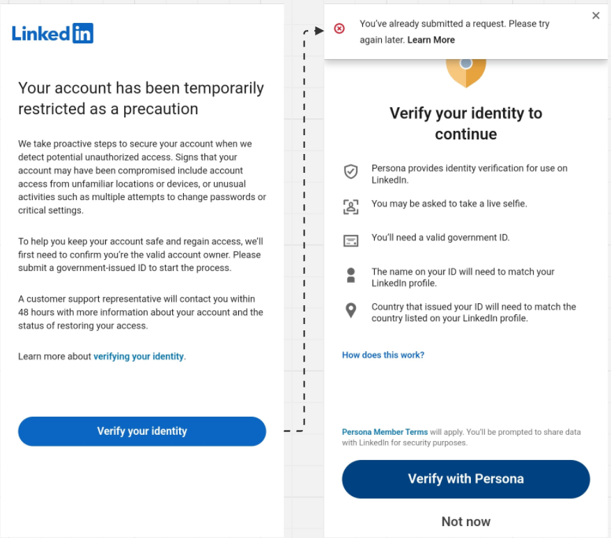 LinkedIn notice about restricted account. Instructions for identity verification using Persona, including providing a government ID and selfie.