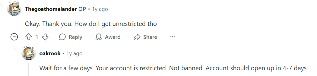 Online chat between users discussing account restriction. User oakrook advises waiting a few days for restrictions to lift.