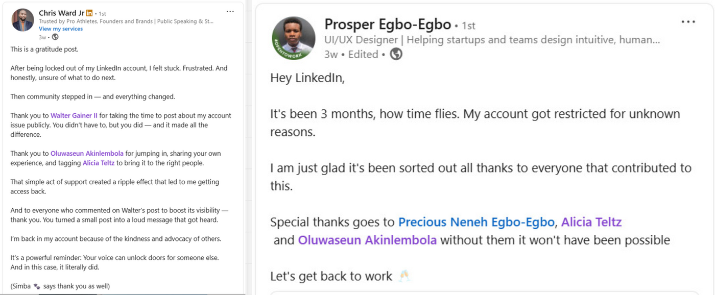 Two LinkedIn gratitude posts. Left: Chris Ward Jr thanks community support for account recovery. Right: Prosper Egbo-Egbo expresses relief and thanks.
