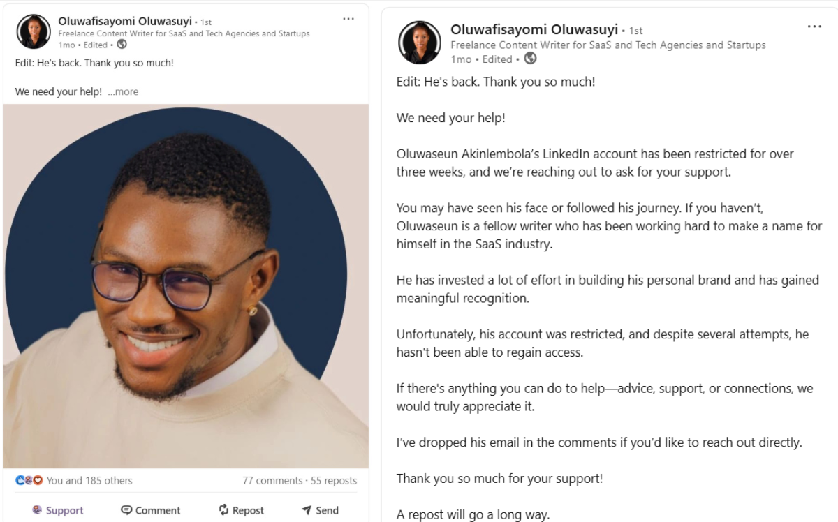 Smiling man in glasses, text about LinkedIn account restriction, asking for support. Muted colors, professional setting, positive mood.