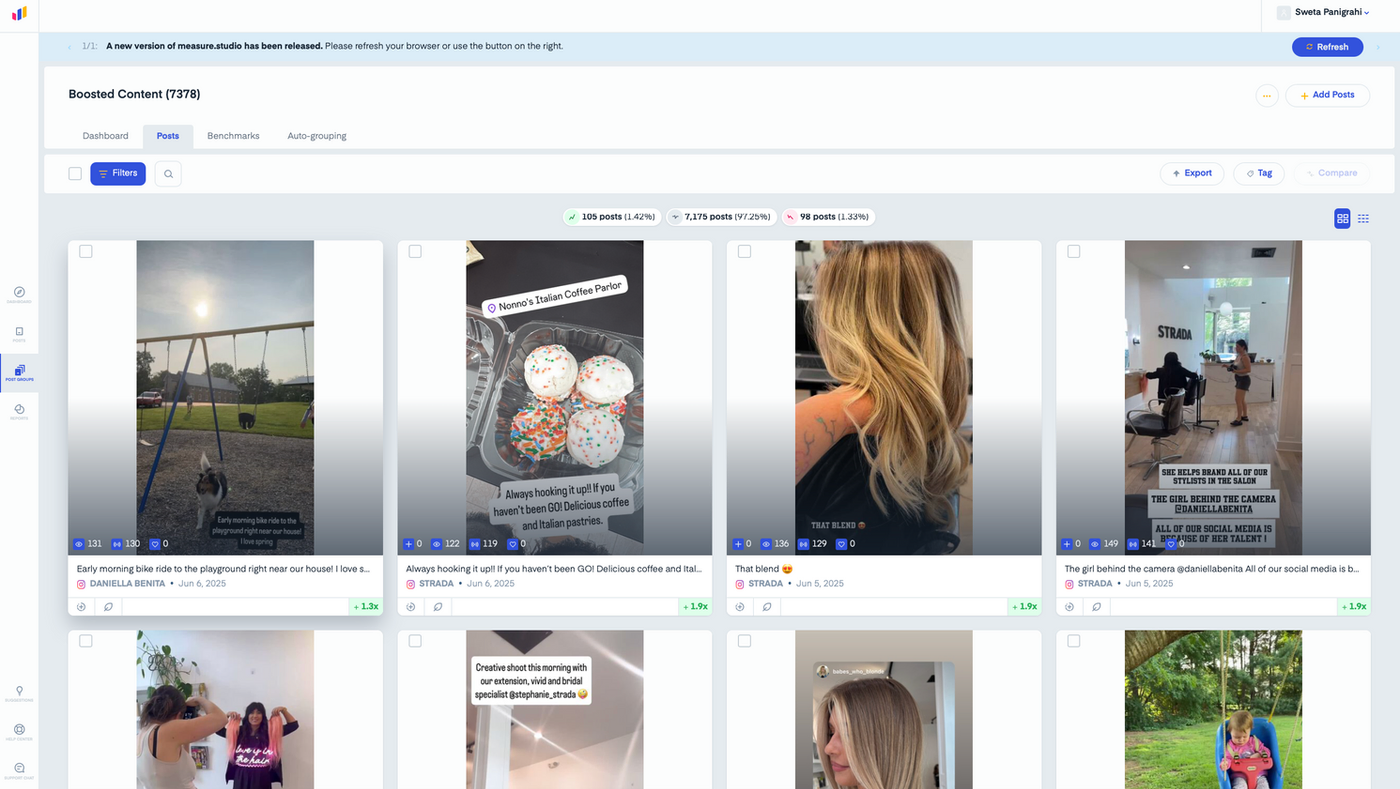 Dashboard with five posts; includes a park swing, Italian pastries, hair styling, photo shoot, and a child on a swing. Text annotations present.