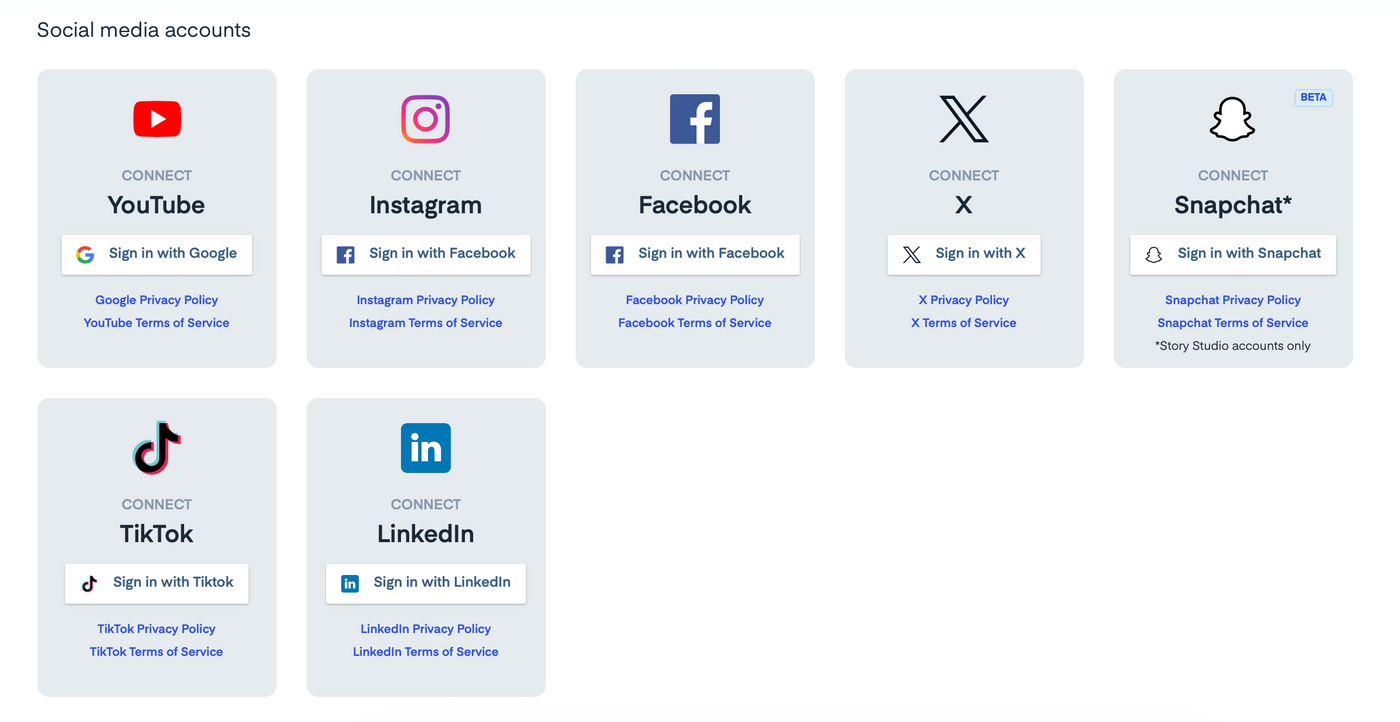 Icons for social media platforms (YouTube, Instagram, Facebook, X, Snapchat, TikTok, LinkedIn) with sign-in options and policy links.