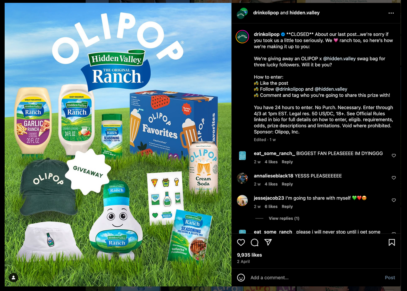 OLIPOP x Hidden Valley giveaway image shows ranch products, OLIPOP drinks, and branded merchandise on grass with a blue sky background.