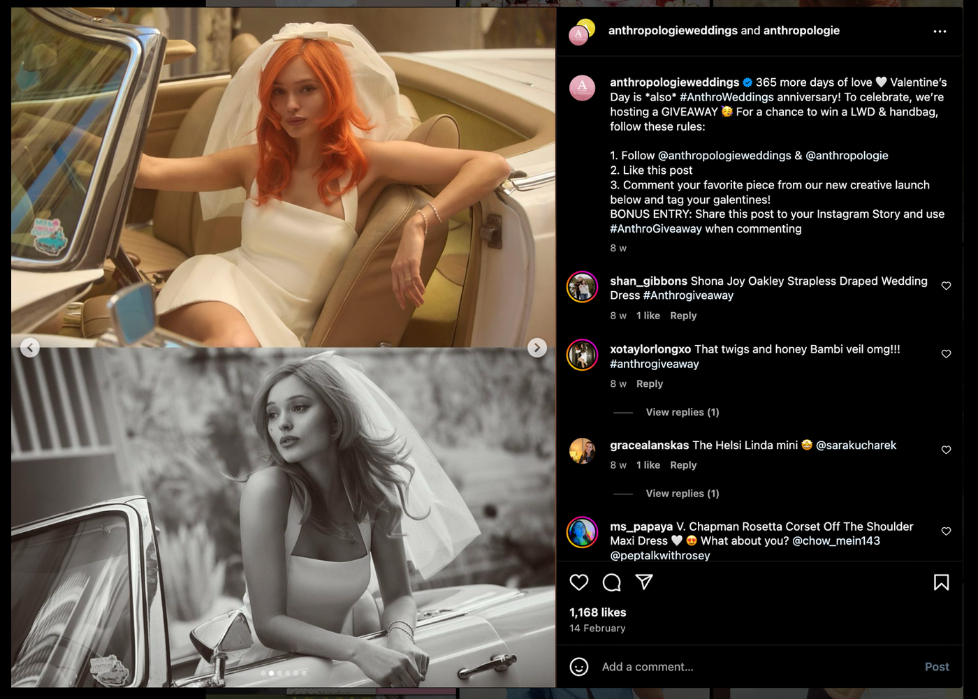 Bride with orange hair in a white dress and veil sits in a classic convertible. Black and white variant below with vintage vibe.