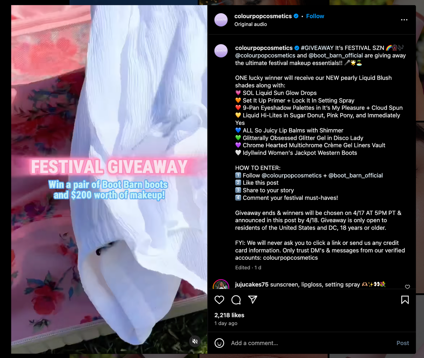 White dress on floral blanket, pink and blue text reads "Festival Giveaway: Win a pair of Boot Barn boots and $200 worth of makeup."