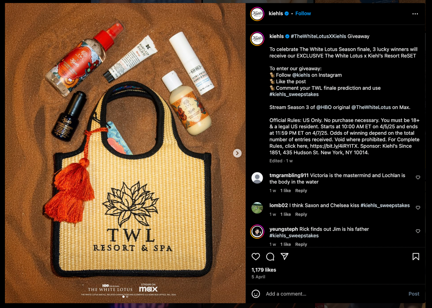Beauty products on sandy background, featuring a bag with "TWL Resort & Spa" logo, promoting The White Lotus x Kiehl's giveaway.