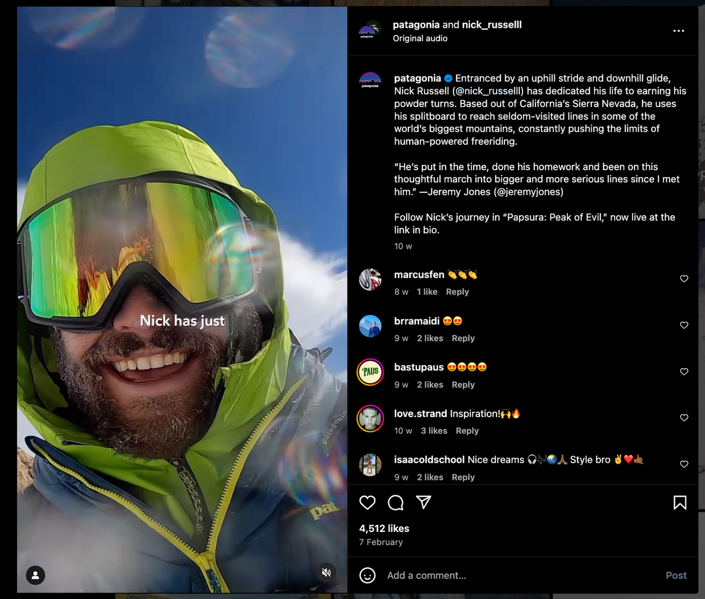 Person in green jacket and mirrored goggles smiling against a blue sky. Text overlay reads "Nick has just." Happy and adventurous mood.