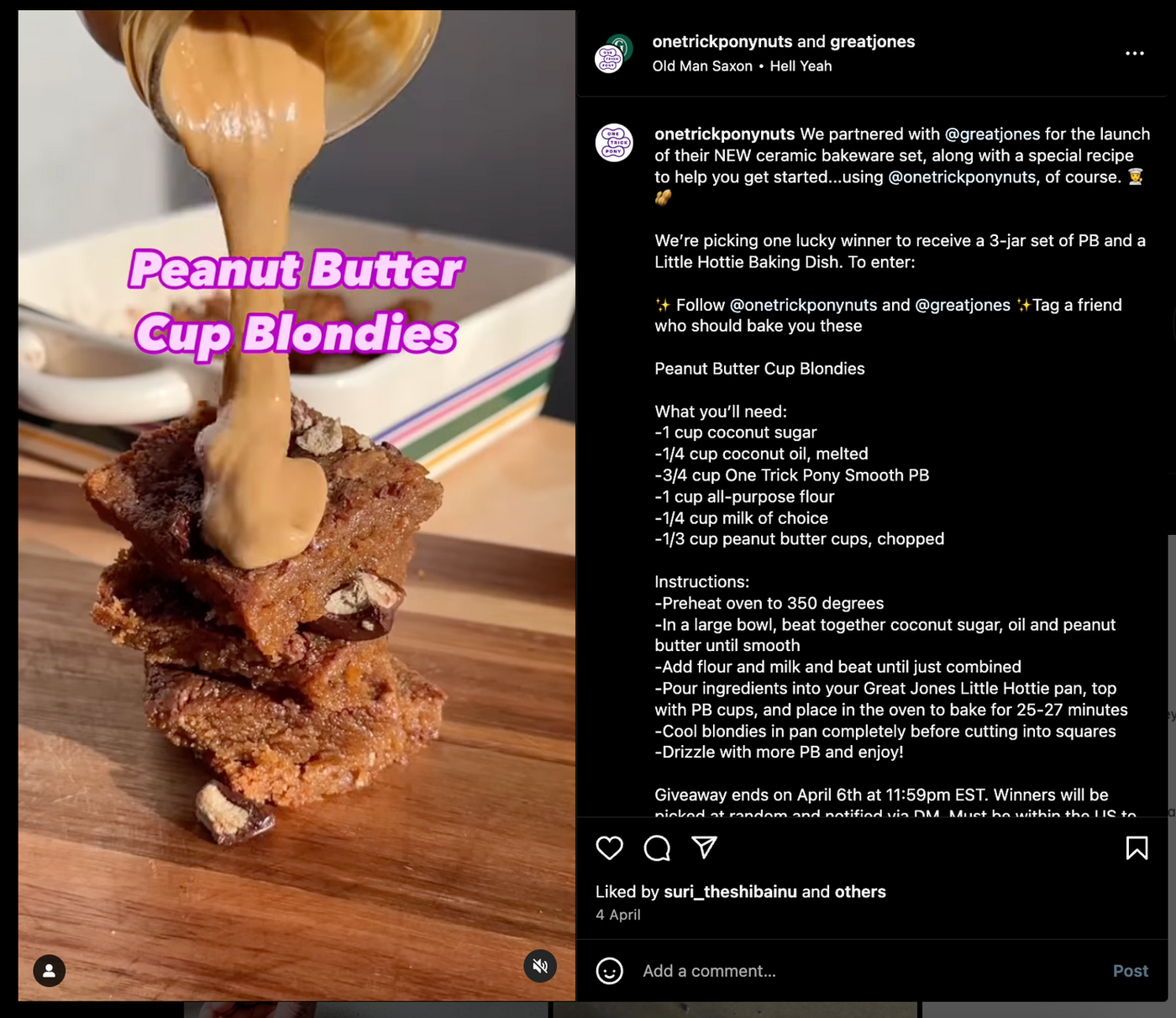 Stack of blondies on a wooden board with peanut butter being poured over. Text reads "Peanut Butter Cup Blondies." Background features a striped dish.