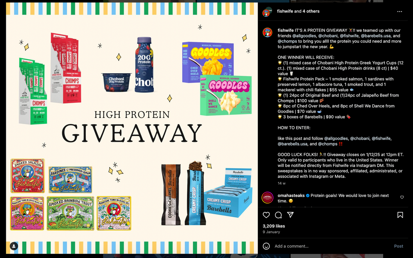 Protein giveaway ad featuring snacks and foods. Text highlights products from Chomp, Chobani, Goodles, Fishwife, and Barebells on a beige background.