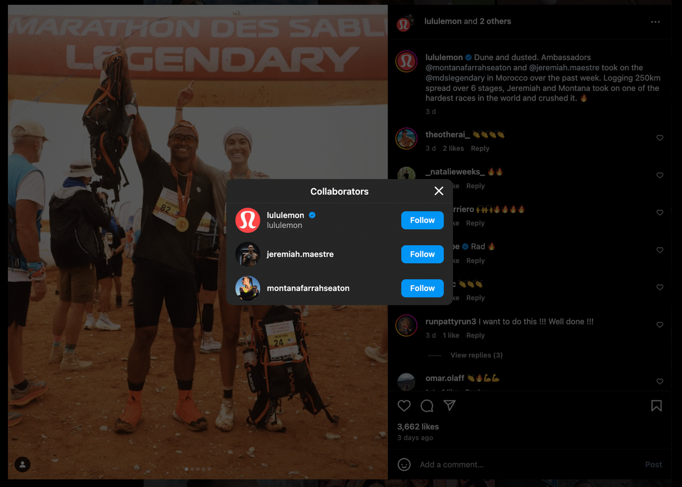 Runners celebrating a marathon finish under "LEGENDARY" banner, holding medals. Brown, dusty terrain. Excited atmosphere. Instagram post overlay.