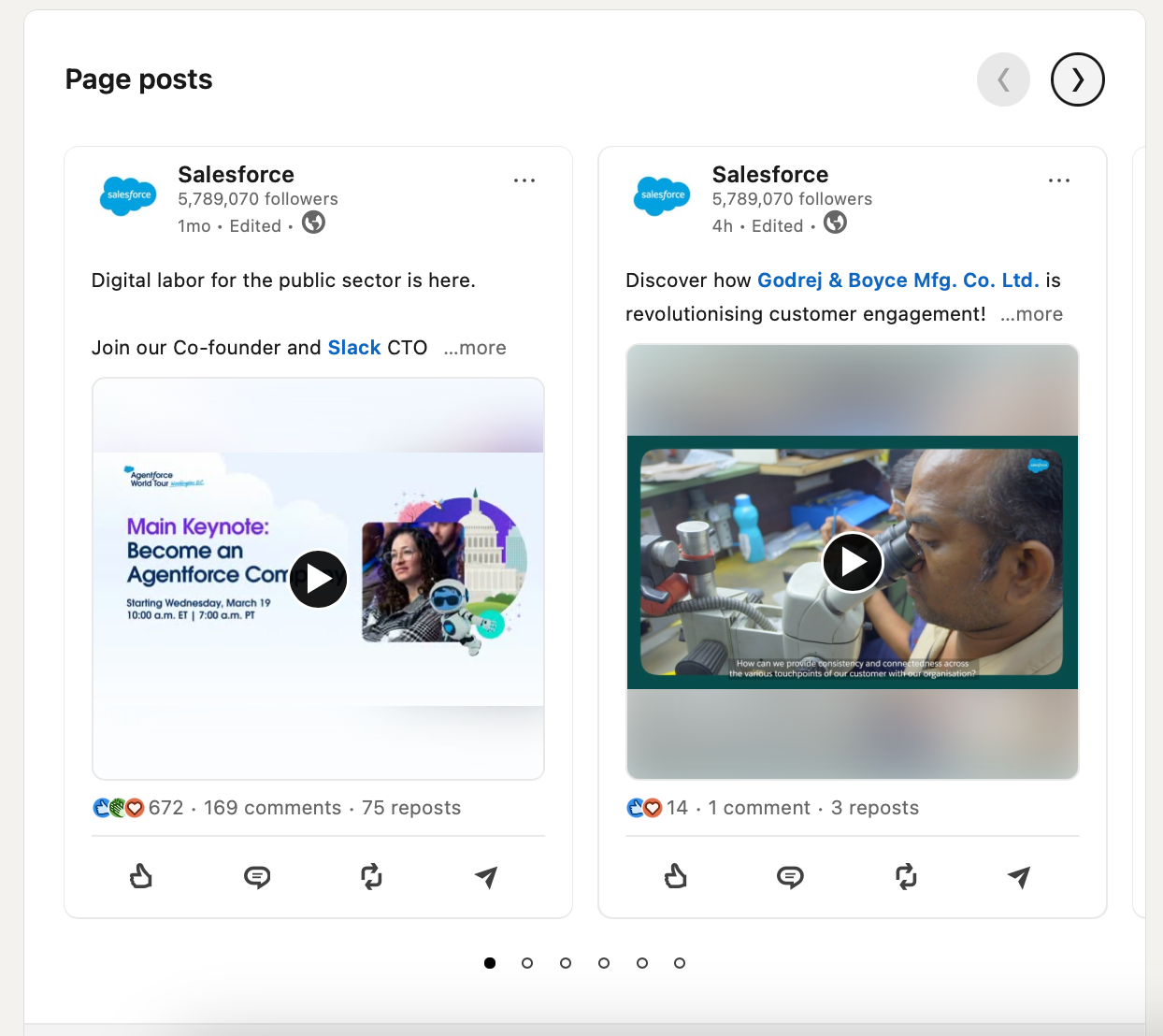 Salesforce posts featuring digital labor and customer engagement. Left: Event keynote with a woman; right: Man using a microscope.