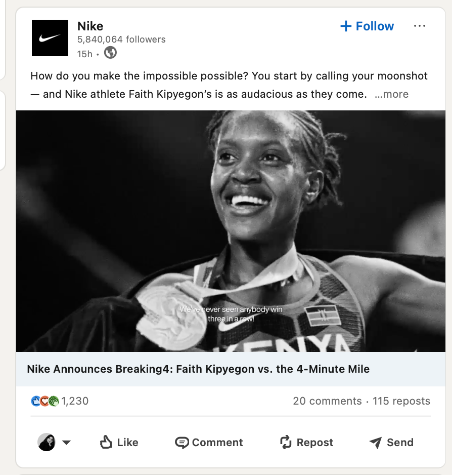 Smiling athlete with medals, wearing a Kenya sports top. Text: "We've never seen anybody win three in a row!" Background is dark.