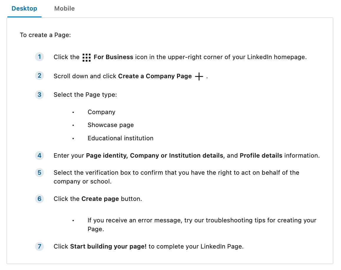 Instructions for creating a LinkedIn page, numbered 1-7, detailing steps from clicking "For Business" to verifying details and building the page.