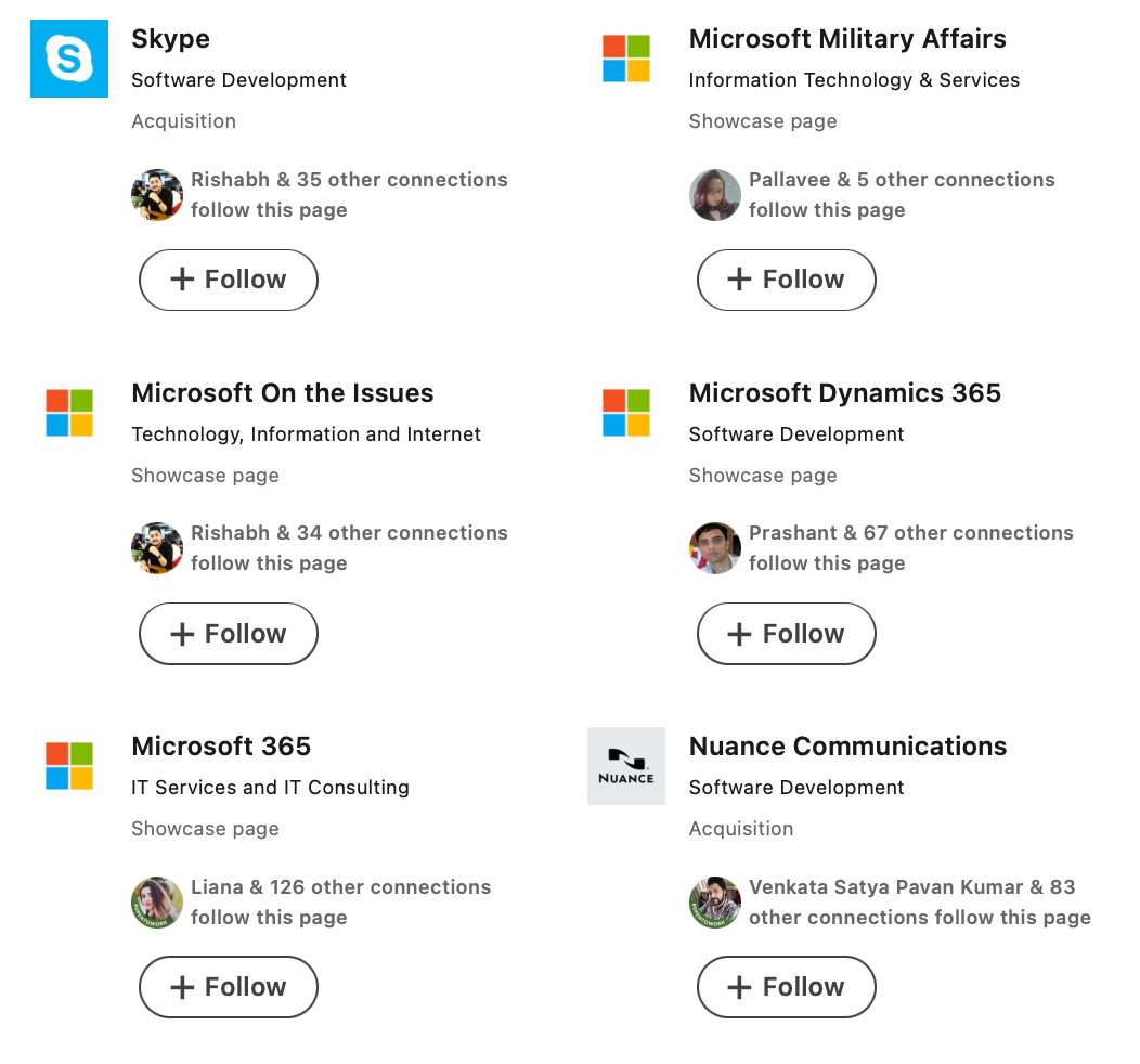 Logos and follow buttons for Skype, Microsoft Military Affairs, Microsoft Dynamics 365, Microsoft 365, Microsoft On the Issues, and Nuance Communications.