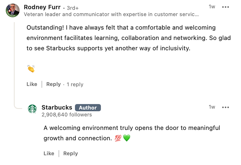 Comment exchange on a social media post about inclusivity. One person praises Starbucks for fostering a welcoming environment; Starbucks responds.