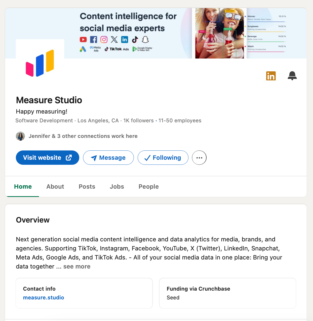 Measure Studio company LinkedIn profile with banner showing "Content intelligence for social media experts," social media icons, and two people smiling with drinks.