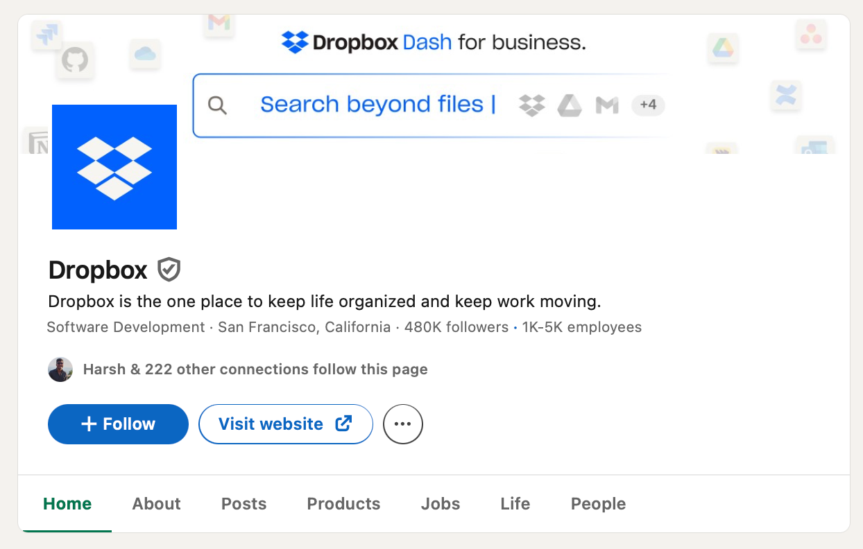 Dropbox LinkedIn profile showing logo, search bar, and details: "Software Development, San Francisco, 480K followers, 1K-5K employees."