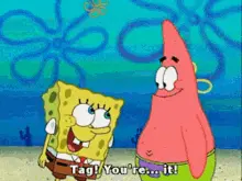 Spongebob tagging Patrick
