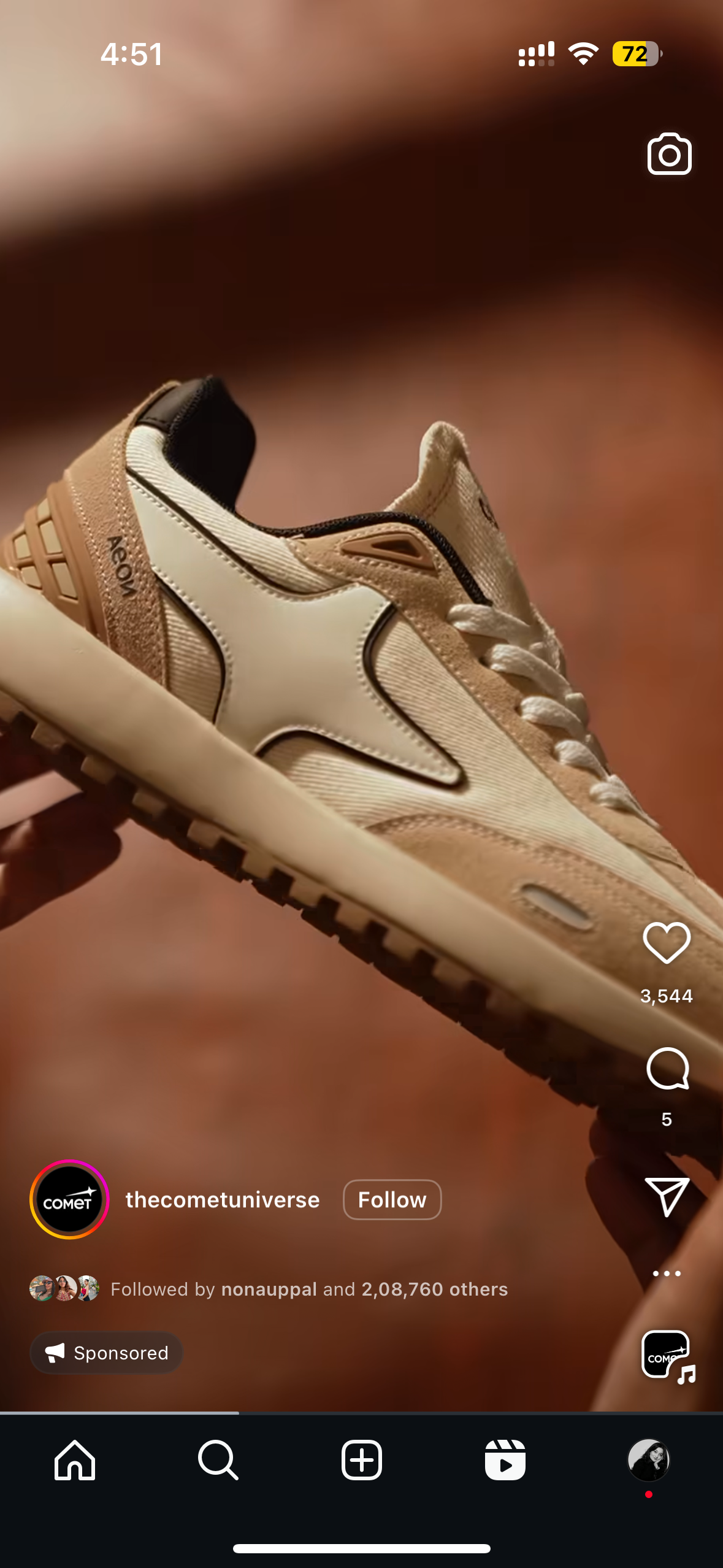 Beige and white sneaker with a black accent held against a blurred brown background. Text reads "Aeon" on the shoe. Instagram interface visible.