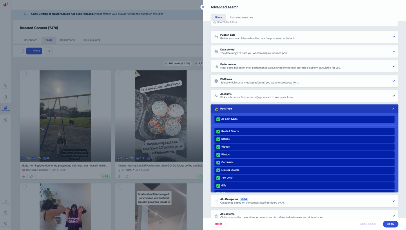 Dashboard interface showing posts with images of a park swing and pastries. Advanced search sidebar open with blue highlighted options.