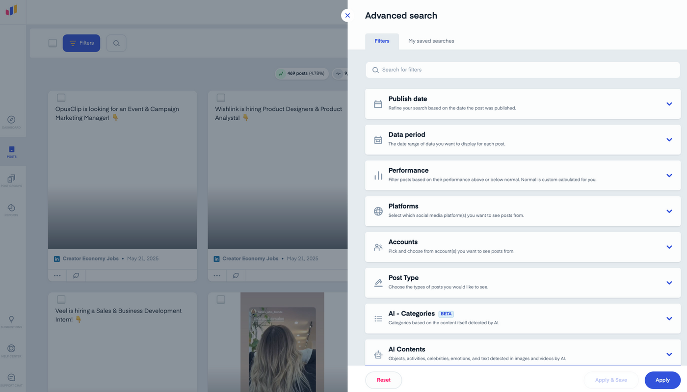 A list of the filters possible to analyze social media content in Measure Studio