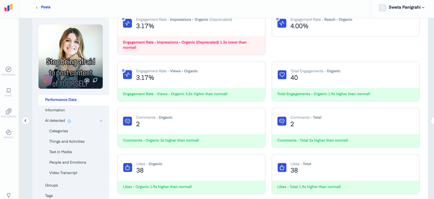 Social media dashboard in measure studio showing performance benchmarks for different analytics